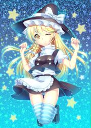  ;) bad_id bad_pixiv_id blonde_hair bow braid female hat hat_bow highres kirisame_marisa long_hair one_eye_closed panties pantyshot ribbon single_braid smile solo star_(symbol) striped_clothes striped_panties striped_thighhighs thighhighs touhou umeko_(koori_ume) underwear white_bow witch_hat yellow_eyes 