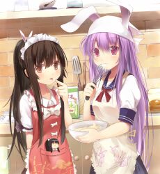  2girls :3 animal_ears apron black_hair blush bow bowl brown_hair cameo commentary_request cooking efe eggshell ex-keine headdress holding holding_bowl holding_whisk houraisan_kaguya kamishirasawa_keine kitchen long_hair looking_at_viewer multiple_girls pink_eyes purple_hair rabbit_ears reisen_udongein_inaba smile spatula teruyof tongue touhou whisk 