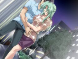  1boy blush closed_eyes dark_skin ecchi_na_bunny-san_wa_kirai ecchi_na_bunny-san_wa_kirai? ecchi_na_bunny-san_wa_kirai?_2 ecchi_na_bunny-san_wa_kirai_2 female game_cg green_hair ichikawa_sumika jewelry long_hair male ring sad wedding_ring yamane_masahiro zyx 