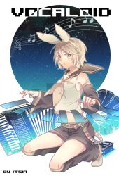  bad_id bad_pixiv_id bare_shoulders blonde_hair blue_eyes detached_sleeves female hair_ornament hair_ribbon hairclip holographic_interface instrument itsia kagamine_rin keyboard_(instrument) leg_warmers looking_at_viewer musical_note ribbon short_hair solo vocaloid 