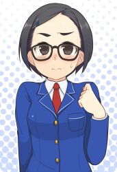  3: black_eyes black_hair blazer blush commentary_request embarrassed eyebrows female forehead glasses hair_ornament hairclip halftone halftone_background highres idolmaster idolmaster_cinderella_girls jacket matsuo_chizuru necktie oza_watto school_uniform sweat upper_body 