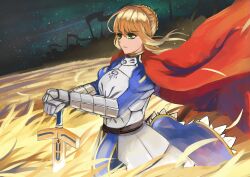  ahoge armor armored_dress artoria_pendragon_(fate) bad_id bad_pixiv_id blonde_hair cape dress excalibur_(fate/stay_night) fate/zero fate_(series) female fire green_eyes hand_on_hilt hands_on_hilt saber_(fate) short_hair solo sword weapon yin2929 