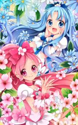  2girls blue_choker blue_eyes blue_hair bow brooch cherry_blossoms choker commentary_request cure_blossom cure_marine dress flower flower_hands_(precure) hair_ornament hanasaki_tsubomi heart heart_brooch heartcatch_precure! high_ponytail highres jewelry kurumi_erika long_hair magical_girl multiple_girls open_mouth pink_bow pink_choker pink_eyes pink_hair ponytail precure ribbon smile uzuki_aki wrist_cuffs 