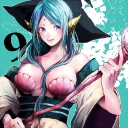  aqua_hair bad_id bad_pixiv_id bare_shoulders blue_eyes breasts detached_sleeves female front_ponytail hat kuchiyahaku large_breasts long_hair magi_the_labyrinth_of_magic shell shell_bikini smile solo staff witch_hat yamuraiha 