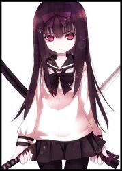  black_hair black_pantyhose blush border commentary_request female holding katana kiira long_hair original pantyhose photoshop_(medium) pink_eyes scabbard school_uniform serafuku sheath simple_background skirt solo sword weapon white_background 