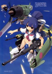  a6m_zero_(personification) absurdres blue_hair blue_sky blunt_bangs cannon female gun hair_ribbon highres jiji_(aardvark) jpeg_artifacts leg_ribbon long_hair machine_gun mc_axis mecha_musume navel one-piece_swimsuit original personification photoshop_(medium) ponytail projectile_trail propeller red_eyes ribbon scan school_swimsuit school_uniform serafuku sky solo swimsuit swimsuit_under_clothes thigh_ribbon torn_clothes torn_swimsuit weapon white_one-piece_swimsuit 