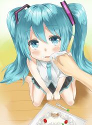  bad_id bad_pixiv_id barefoot blue_eyes blue_hair blush female food food_on_face fork from_above hair_ornament hatsune_miku heirou holding long_hair necktie out_of_frame pov pov_hands shirt sitting skirt sleeveless sleeveless_shirt solo_focus tissue twintails very_long_hair vocaloid wariza wiping 