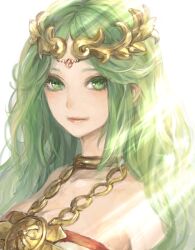  crown face female green_eyes green_hair jewelry kid_icarus kid_icarus_uprising long_hair lots_of_jewelry nintendo painting palutena portrait solo 