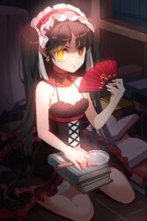  bare_arms bare_shoulders black_hair book choker commentary_request detached_collar dress female folding_fan frilled_dress frills gilse gs_5th_star hairband hand_fan heterochromia holding lolita_hairband long_hair magnifying_glass open_book photoshop_(medium) sitting solo sword_girls twintails very_long_hair wariza yellow_eyes 