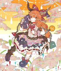  bad_id bad_pixiv_id blush bow brown_hair chains female gourd hairbow highres horns ibuki_suika itomugi-kun long_hair red_eyes ribbon short_hair skirt smile solo touhou wrist_cuffs 