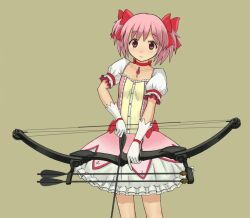  alternate_weapon arrow_(projectile) bad_id bad_pixiv_id bow_(weapon) choker compound_bow dress female gloves kaname_madoka kaname_madoka_(magical_girl) lance_blue mahou_shoujo_madoka_magica mahou_shoujo_madoka_magica_(anime) pink_eyes pink_hair puffy_sleeves rambo short_twintails simple_background solo twintails weapon 