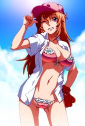  baseball_mitt bikini blue_eyes breasts brown_hair charlotte_e._yeager cloud commentary_request day female grin hat large_breasts lens_flare long_hair navel one_eye_closed sky smile solo strike_witches sweat swimsuit tabigarasu world_witches_series 