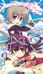  2girls :d blue_eyes blush brown_hair brunzel commentary_request corona_timir dagger elbow_pads fingerless_gloves frills gloves green_eyes hair_ribbon knife long_hair lyrical_nanoha mahou_shoujo_lyrical_nanoha_vivid multiple_girls oerba_yun_fang open_mouth purple_hair ribbon rio_wezley smile thighhighs twintails weapon y100 