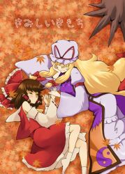  2girls autumn autumn_leaves bad_id bad_pixiv_id blonde_hair bow brown_hair closed_eyes detached_sleeves hair_over_eyes hair_tubes hairbow hakurei_reimu hat hat_ribbon leaf long_hair multiple_girls non_(z-art) ribbon short_hair touhou yakumo_yukari 