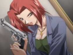  blush chain_the_lost_footprints chain_ushinawareta_sokuseki female game_cg gun jewelry kusakabe_akira mutou_keiji necklace red_hair short_hair weapon zyx 