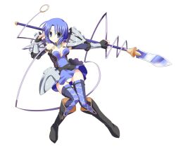  alternate_costume armor bare_shoulders blue_eyes blue_hair blush boots breasts catria_(fire_emblem) choker commentary_request dress elbow_gloves female fingerless_gloves fire_emblem fire_emblem:_mystery_of_the_emblem fire_emblem_awakening full_body gloves headband medium_breasts ouhashi panties pegasus_knight_uniform_(fire_emblem) polearm short_hair smile solo spear thighhighs underwear weapon white_background white_panties 