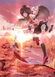  2girls animal_ears bad_id bad_pixiv_id black_hair camera flying geta hat holding inubashiri_momiji leaf multiple_girls ran_(bukeranwu) red_eyes shameimaru_aya short_hair skirt sky sunlight sword tail tokin_hat touhou weapon white_hair wind wings wolf_ears wolf_tail 