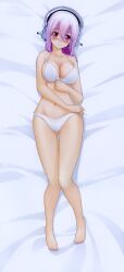  3d :3 absurdres artist_request bed_sheet bikini blanket blush breasts dakimakura_(medium) female full_body headphones highres knees_together_feet_apart large_breasts long_hair looking_at_viewer lying nitroplus official_art on_back on_bed photoshop_(medium) pink_hair red_eyes ribbon scan side-tie_bikini_bottom smile solo super_sonico swimsuit white_bikini 