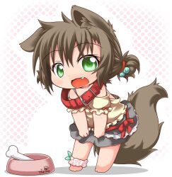  animal_ears barefoot bent_over bone brown_hair chibi collar commentary_request dog_ears dog_tail female green_eyes hair_bobbles hair_ornament kuroneko_liger looking_at_viewer oerba_yun_fang off_shoulder open_mouth original panties panties_around_one_ankle panty_pull photoshop_(medium) ponytail shirt skirt solo striped_clothes striped_panties tail underwear 