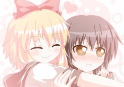  2girls :t ^_^ alternate_hair_length alternate_hairstyle black_hair blonde_hair bow brown_eyes closed_eyes commentary_request funami_yui hairbow heart hug kagerou_(kers) multiple_girls nanamori_school_uniform school_uniform serafuku short_hair smile toshinou_kyouko upper_body yuru_yuri 