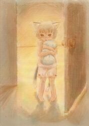  animal_ears bad_id bad_pixiv_id barefoot bloomers blush brown_hair cat_ears cat_tail chen door female grey_hair highres hugging_object lolicon multiple_tails no_headwear open_mouth pillow pillow_hug saraband short_hair solo tail touhou traditional_media underwear underwear_only 