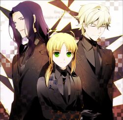  2boys ahoge aonome artoria_pendragon_(fate) blonde_hair commentary_request fate/extra fate/zero fate_(series) female formal gawain_(fate) green_eyes lancelot_(fate/zero) long_hair multiple_boys necktie ponytail purple_hair saber_(fate) suit 