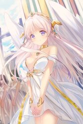  angel_wings banned_artist bare_shoulders black_hair bow breasts brown_hair cleavage dress jewelry long_hair lowres medium_breasts necklace pink_hair purple_eyes reum ribbon short_hair smile solo_focus standing strapless sword_girls tiara very_long_hair wings 