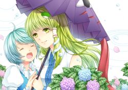  2girls :d ^_^ bad_id bad_pixiv_id blue_hair closed_eyes couple flower frog_hair_ornament fuusha green_eyes green_hair hair_ornament hair_tubes holding hydrangea karakasa_obake kochiya_sanae long_hair multiple_girls open_mouth petals purple_umbrella short_hair smile tatara_kogasa touhou umbrella yuri 