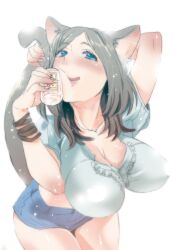  animal_ears aqua_eyes blush body_blush bracelet breasts brown_hair can cat_ears cleavage commentary_request cowboy_shot dated_commentary female holding jewelry large_breasts musha_sabu open_mouth original photoshop_(medium) short_shorts short_sleeves shorts simple_background solo tail white_background 