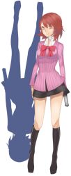  bad_id bad_pixiv_id bow brown_eyes brown_hair choker commentary_request evoker female gekkoukan_high_school_uniform gun persona persona_3 ribbon ryunag school_uniform short_hair simple_background skirt smile solo weapon yukari_takeba 