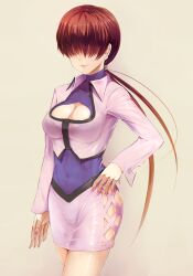  breasts cleavage cleavage_cutout clothing_cutout commentary_request earrings female hair_over_eyes hand_on_own_hip jewelry kenshin_(kenshin3) large_breasts long_hair miniskirt nail_polish navel ponytail red_hair see-through shermie_(kof) skirt smile solo the_king_of_fighters 