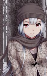  bad_id bad_pixiv_id bare_tree beanie brown_hat brown_scarf closed_mouth female forest grey_hair hat heisei_yutorin long_hair long_sleeves looking_at_viewer nature original outdoors red_eyes scarf solo tree upper_body winter 