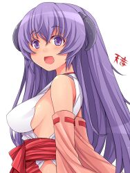  :d alternate_breast_size amane_hasuhito bad_id bad_pixiv_id bare_shoulders blush breasts detached_sleeves female hakama hakama_skirt hanyuu higurashi_no_naku_koro_ni horns japanese_clothes long_hair medium_breasts no_bra open_mouth purple_eyes purple_hair red_hakama sideboob simple_background skirt smile solo white_background 