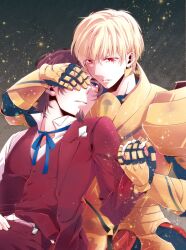  2boys armor blonde_hair blue_eyes brown_hair commentary_request earrings facial_hair fate/zero fate_(series) formal gilgamesh_(fate) goatee gucce222 jewelry light_particles male_focus multiple_boys red_eyes suit tohsaka_tokiomi 