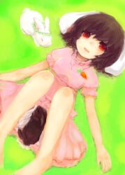  animal animal_ears bad_id bad_pixiv_id bare_legs barefoot black_hair carrot carrot_necklace dress female inaba_tewi jewelry lying maccha_cocoa_(mococo) necklace on_back open_mouth pendant rabbit rabbit_ears red_eyes short_hair smile solo touhou 