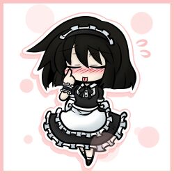  black_hair blind blush chibi closed_eyes commentary_request female lowres maid maid_headdress pixiv_azriel solo sweatdrop tongue tongue_out yanagi_(nurikoboshi) yumeshima_kanata 