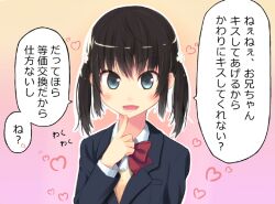  :d amamiya_minato black_hair blazer blue_eyes blush bow commentary_request dress_shirt female finger_to_mouth gradient_background heart jacket open_mouth original photoshop_(medium) school_uniform shirt smile solo speech_bubble sweater translated twintails 