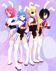  4girls :&gt; animal_ears bad_id bad_pixiv_id blonde_hair blue_hair boots chiester00 chiester00_(cosplay) chiester410 chiester410_(cosplay) chiester45 chiester45_(cosplay) chiester556 chiester556_(cosplay) chiester_sisters cosplay eyepatch full_body heart kyouyama_anna long_hair looking_back marion_phauna multiple_girls pink_hair rabbit_ears shaman_king short_hair showgirl_skirt standing tamamura_tamao thigh_boots thighhighs umineko_no_naku_koro_ni uniform usui_pirika v wthr 