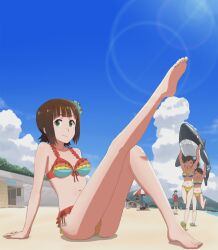  3girls amami_haruka arm_support arms_up barefoot beach_umbrella bikini brown_hair carrying closed_eyes cloud day frilled_bikini frills front-tie_top futami_ami futami_mami green_eyes hair_ornament happy idolmaster idolmaster_(classic) inflatable_shark inflatable_toy leg_lift lens_flare multiple_girls navel open_mouth siblings sitting sky smile swimsuit twins umbrella vivid_bikini_(idolmaster) 