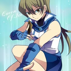  blonde_hair brown_eyes card elbow_gloves female fingerless_gloves gloves holding holding_card obelisk_blue_uniform school_uniform sitting skirt solo tenjouin_asuka yu-gi-oh! yuu-gi-ou_(card) yuu-gi-ou_gx 