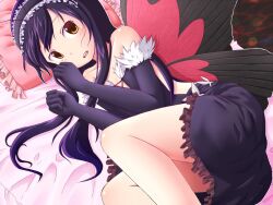  accel_world antenna_hair bare_shoulders black_hair bug butterfly butterfly_wings commentary_request dress elbow_gloves female frills gloves headband insect_wings kuroyukihime lying orange_eyes pillow solo takamine_tsukumo wings 