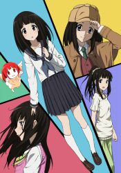  black_hair casual chitanda_eru commentary_request detective female highres hyouka iyakun kamiyama_high_school_uniform_(hyouka) kimi_ni_matsuwaru_mystery kneehighs long_hair multiple_persona purple_eyes school_uniform serafuku shoulder_angel socks 