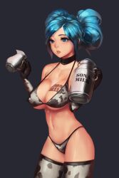  animal_print bikini blue_eyes blue_hair body_writing breasts cleavage collar commentary_request cow_print cow_print_bikini cup elbow_gloves female gloves highres instant_ip jug_(bottle) large_breasts league_of_legends milk milk_churn navel parted_lips photoshop_(medium) print_bikini revision skindentation solo sona_(league_of_legends) strap_gap sweat swimsuit tattoo thighhighs twintails underboob 