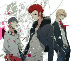  3boys bad_id bad_pixiv_id blonde_hair copyright_name futaba_hazuki headphones jacket k-project kusanagi_izumo male_focus multiple_boys necktie red_hair skateboard sunglasses suoh_mikoto yata_misaki 