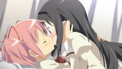  akemi_homura banned_artist black_hair blue_eyes blush closed_eyes hair_ribbon hairband highres kaname_madoka kissing long_hair lying mahou_shoujo_madoka_magica moritan multiple_girls non-web_source on_back pink_hair ribbon twintails underwear yuri 