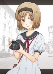  bag blush brown_hair camera collarbone commentary_request dress female gunslinger_girl hairband henrietta_(gunslinger_girl) holding puton sailor_dress school_uniform serafuku short_hair smile solo 