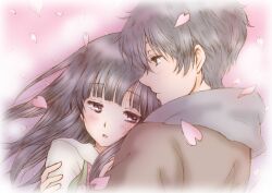  1boy bad_id bad_pixiv_id black_hair bluez cherry_blossoms chitanda_eru couple female green_eyes hug hyouka long_hair oreki_houtarou petals purple_eyes short_hair straight 