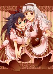  2girls bad_id bad_pixiv_id black_hair blue_eyes cake dress food ganaha_hibiki grey_hair hairband idolmaster idolmaster_(classic) long_hair masaki_(celesta) multiple_girls pantyhose ponytail purple_eyes shijou_takane smile thighhighs waitress 