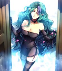  aqua_eyes aqua_hair black_gloves black_thighhighs breasts choker cleavage commentary_request dress elbow_gloves female garter_straps gloves hair_over_one_eye highres large_breasts light_particles long_hair misery_(outer_zone) multicolored_hair open_door open_mouth outer_zone pointy_ears purple_hair reaching short_dress smile smoke solo sunakumo thighhighs two-tone_hair wavy_hair zettai_ryouiki zipper 