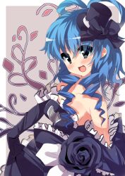  alternate_costume bad_id bad_pixiv_id bare_shoulders blue_eyes blue_hair clothes_lift dress elbow_gloves female gloves hair_rings hat kaku_seiga mini_hat mini_top_hat open_mouth skirt skirt_lift smile solo supershiruco top_hat touhou 